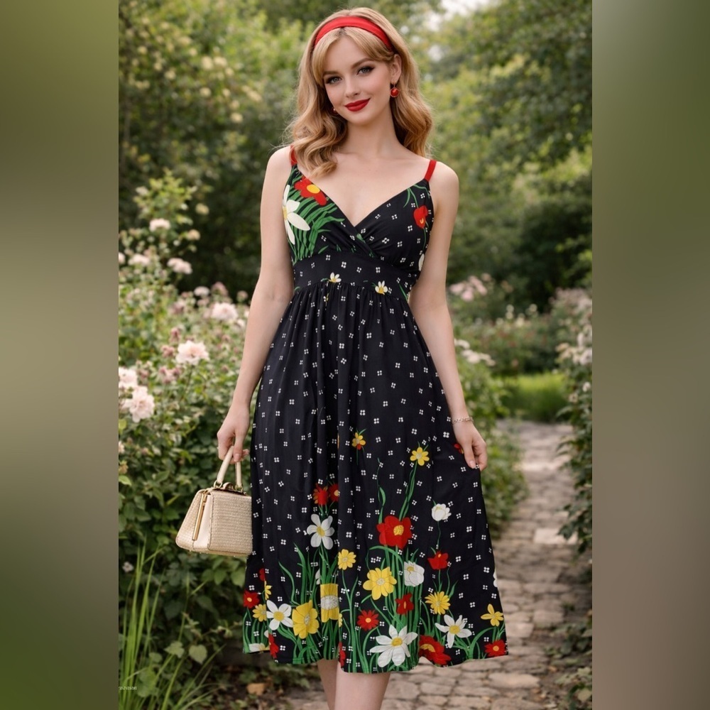 Vintage 70s Floral Empire Waist Maxi Dress Black Boho L